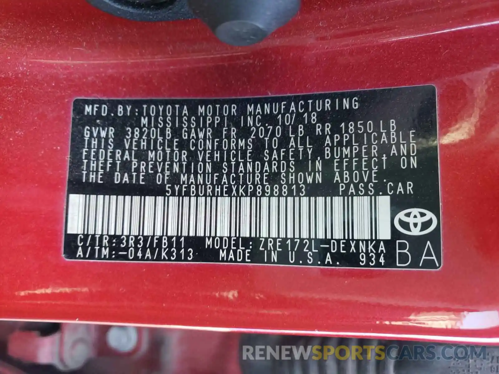 10 Photograph of a damaged car 5YFBURHEXKP898813 TOYOTA COROLLA 2019