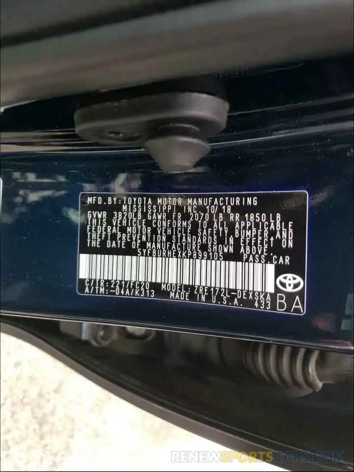 10 Photograph of a damaged car 5YFBURHEXKP899105 TOYOTA COROLLA 2019