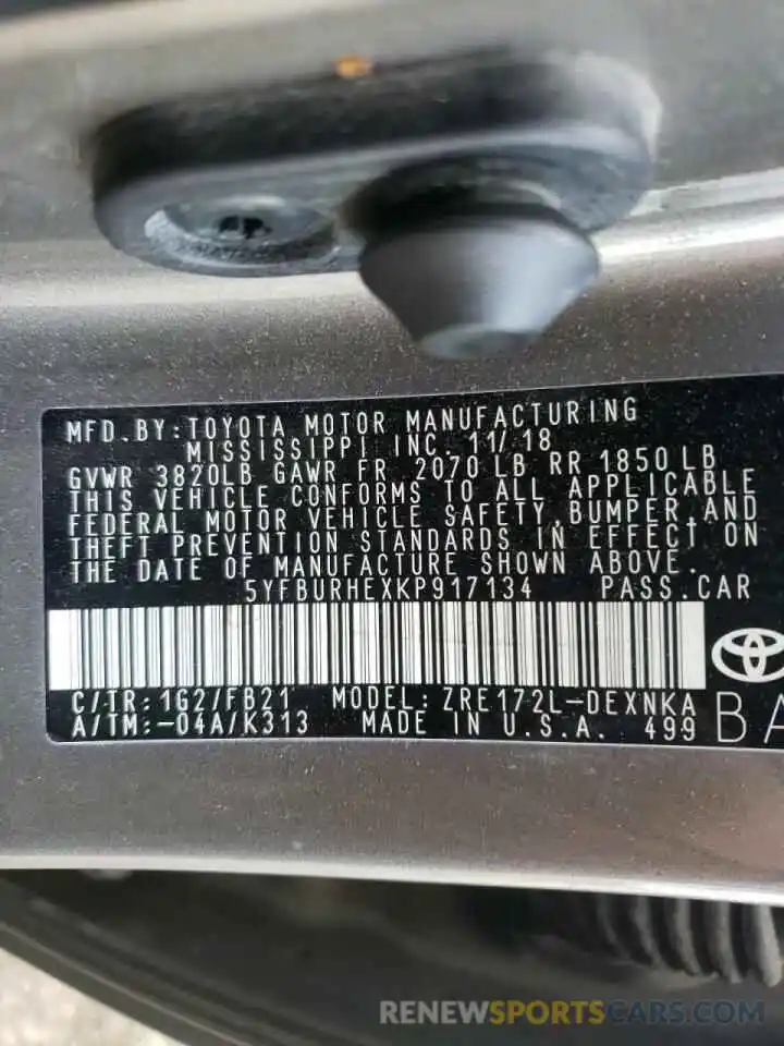 10 Photograph of a damaged car 5YFBURHEXKP917134 TOYOTA COROLLA 2019