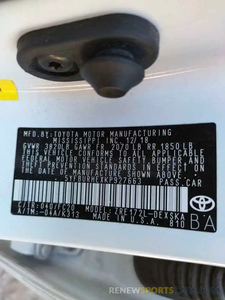 10 Photograph of a damaged car 5YFBURHEXKP927663 TOYOTA COROLLA 2019