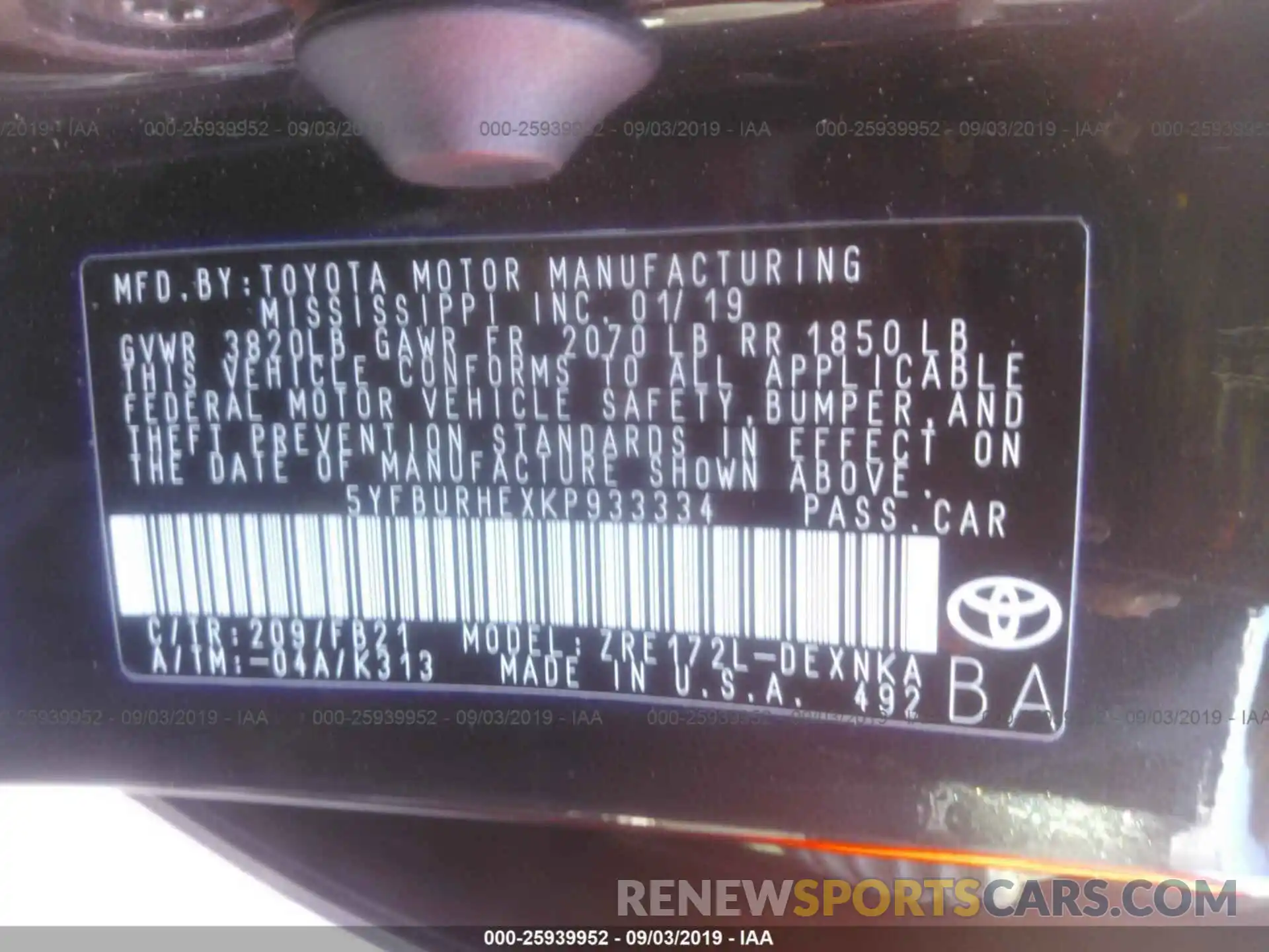 9 Photograph of a damaged car 5YFBURHEXKP933334 TOYOTA COROLLA 2019