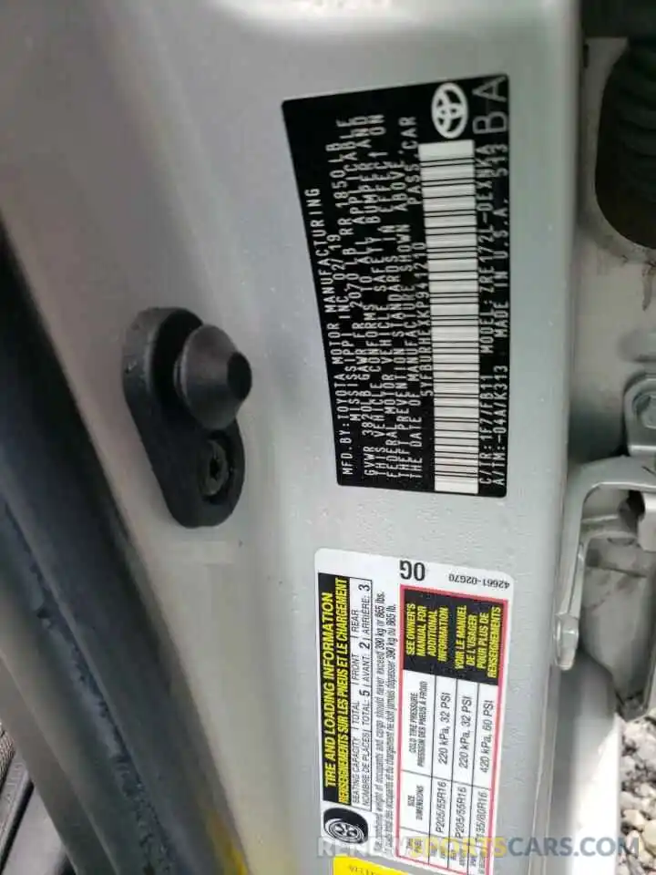 10 Photograph of a damaged car 5YFBURHEXKP941210 TOYOTA COROLLA 2019