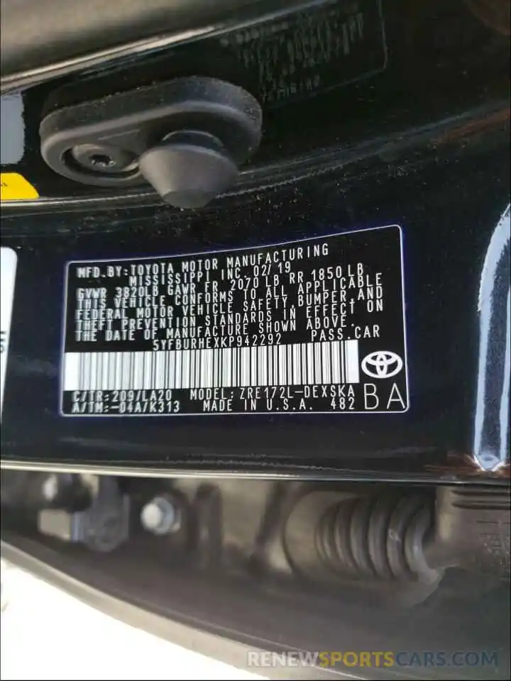 10 Photograph of a damaged car 5YFBURHEXKP942292 TOYOTA COROLLA 2019