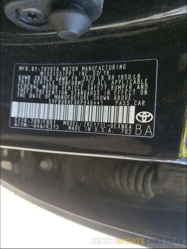 10 Photograph of a damaged car 5YFBURHEXKP946441 TOYOTA COROLLA 2019