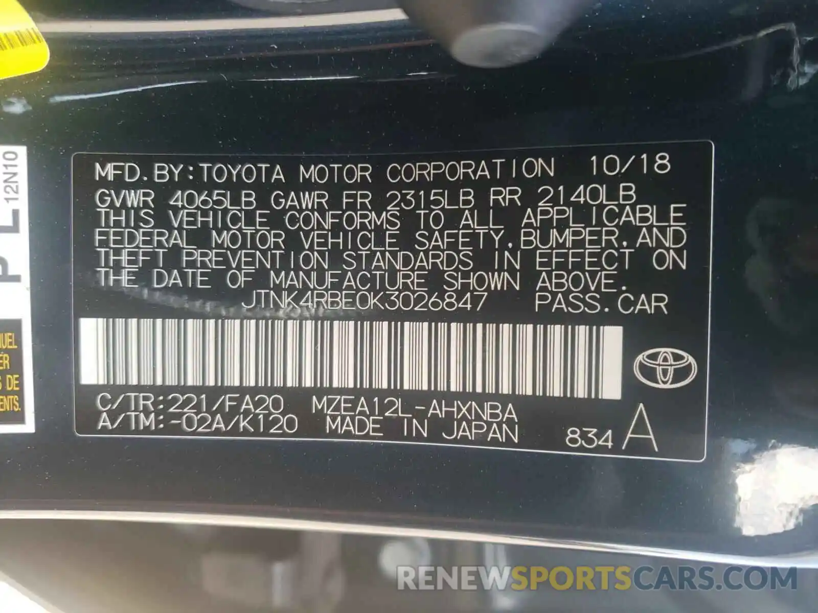 10 Photograph of a damaged car JTNK4RBE0K3026847 TOYOTA COROLLA 2019