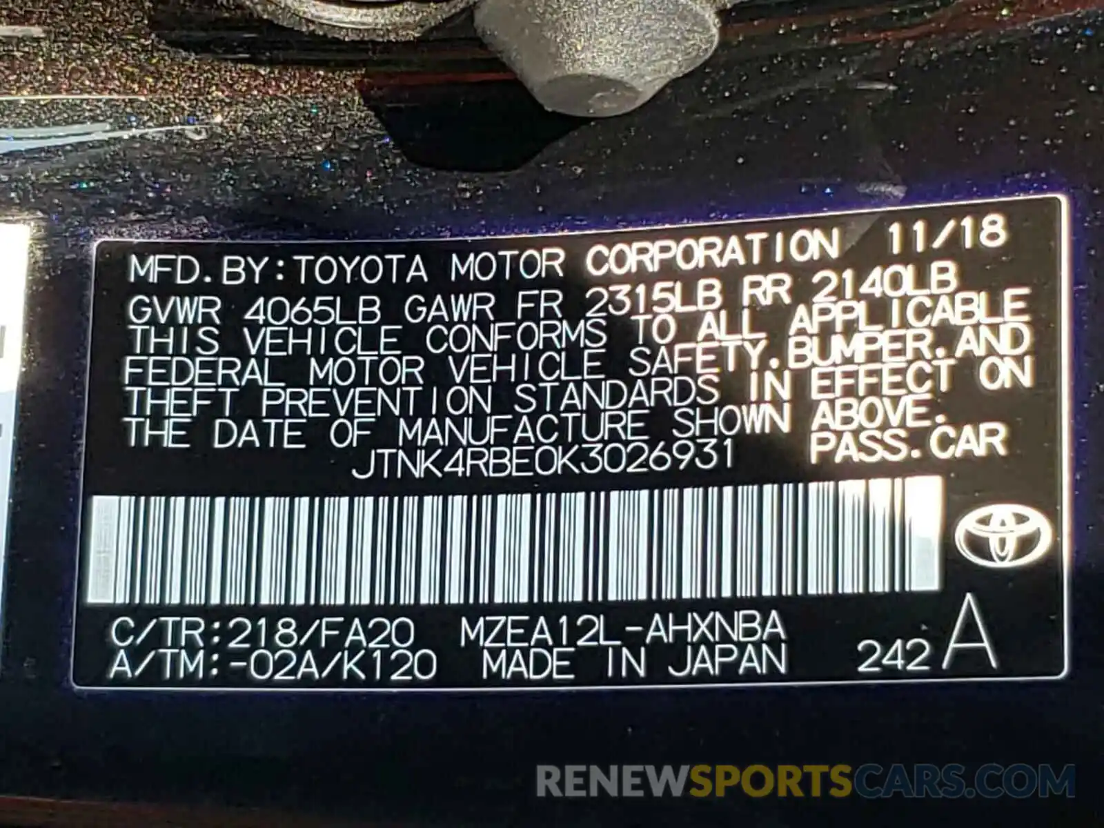 10 Photograph of a damaged car JTNK4RBE0K3026931 TOYOTA COROLLA 2019