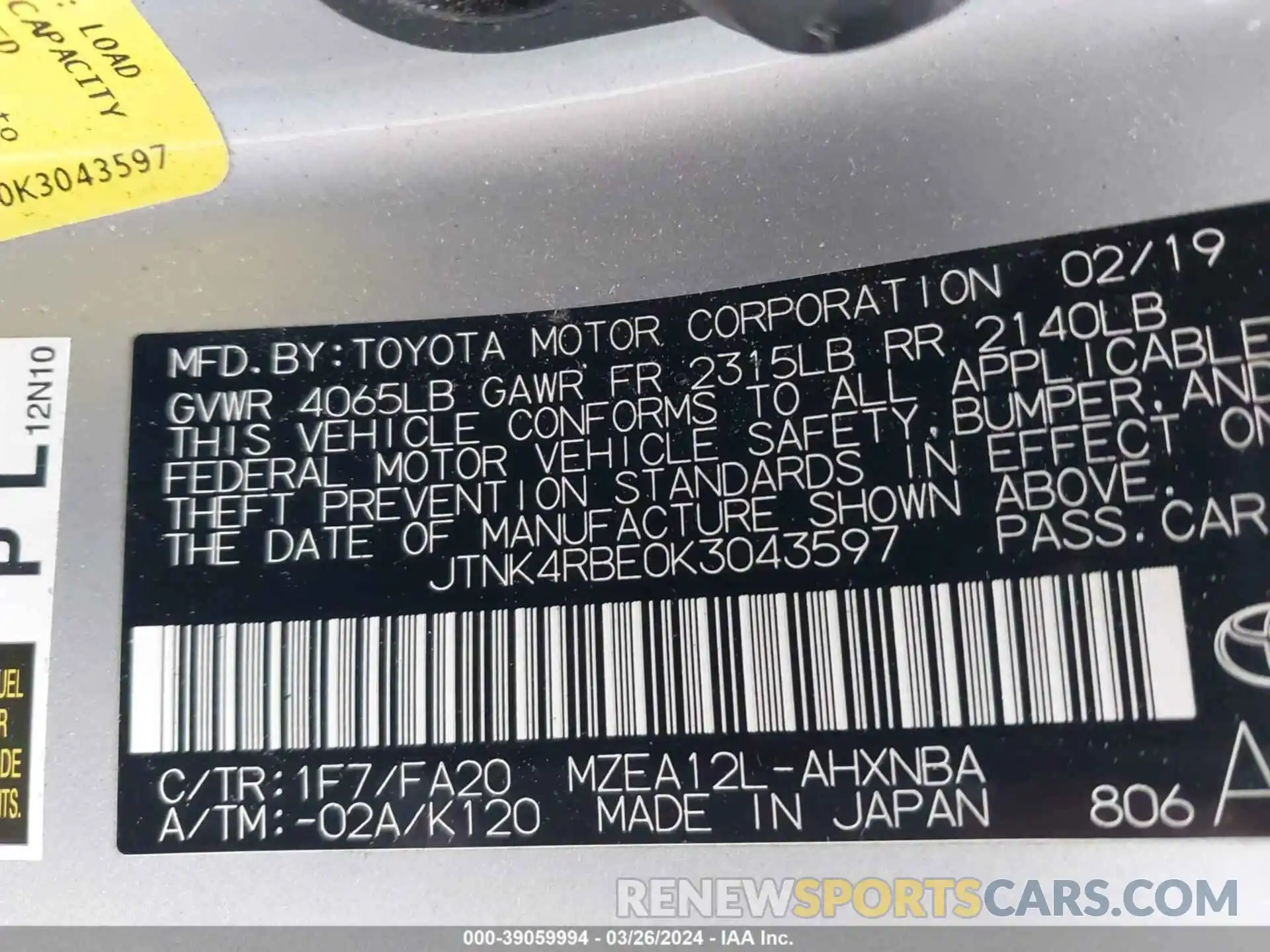 9 Photograph of a damaged car JTNK4RBE0K3043597 TOYOTA COROLLA 2019