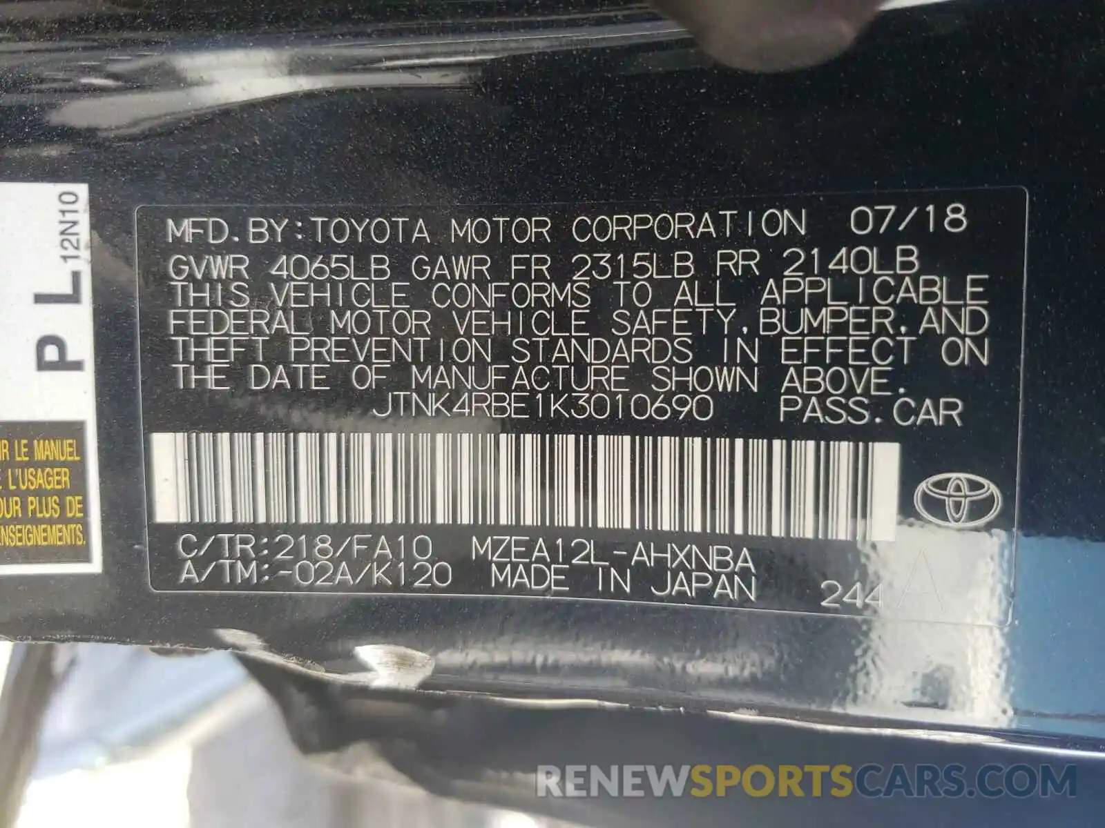 10 Photograph of a damaged car JTNK4RBE1K3010690 TOYOTA COROLLA 2019