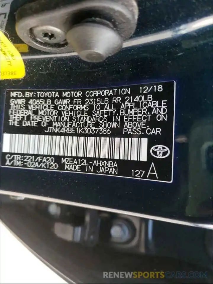 10 Photograph of a damaged car JTNK4RBE1K3037386 TOYOTA COROLLA 2019