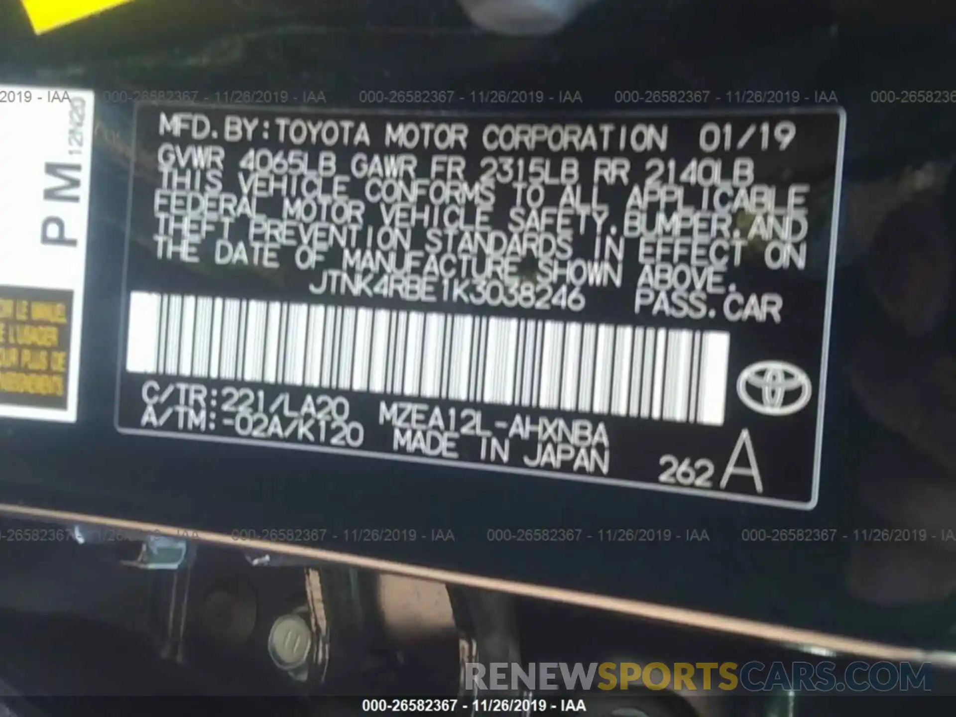 9 Photograph of a damaged car JTNK4RBE1K3038246 TOYOTA COROLLA 2019