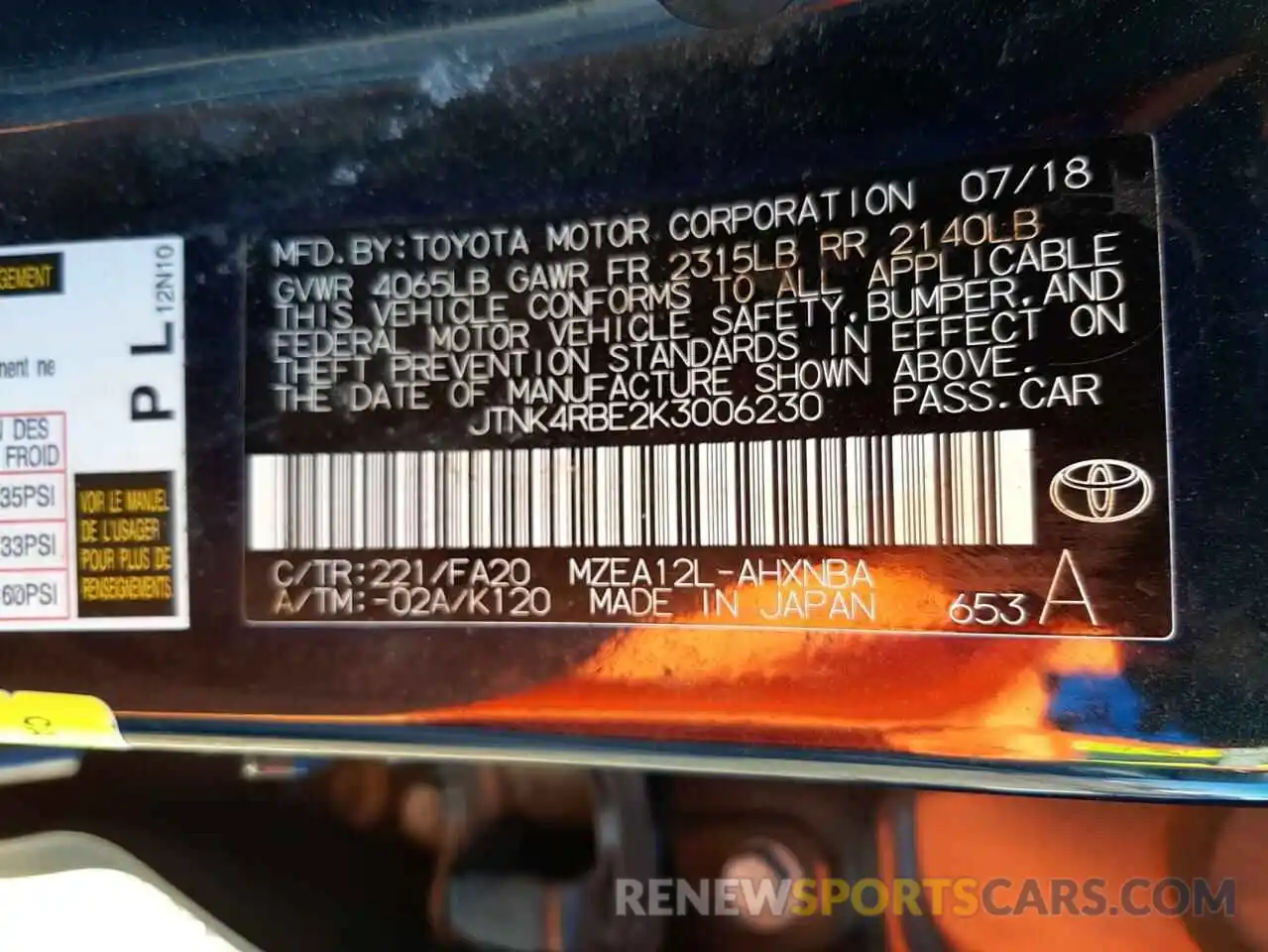 10 Photograph of a damaged car JTNK4RBE2K3006230 TOYOTA COROLLA 2019