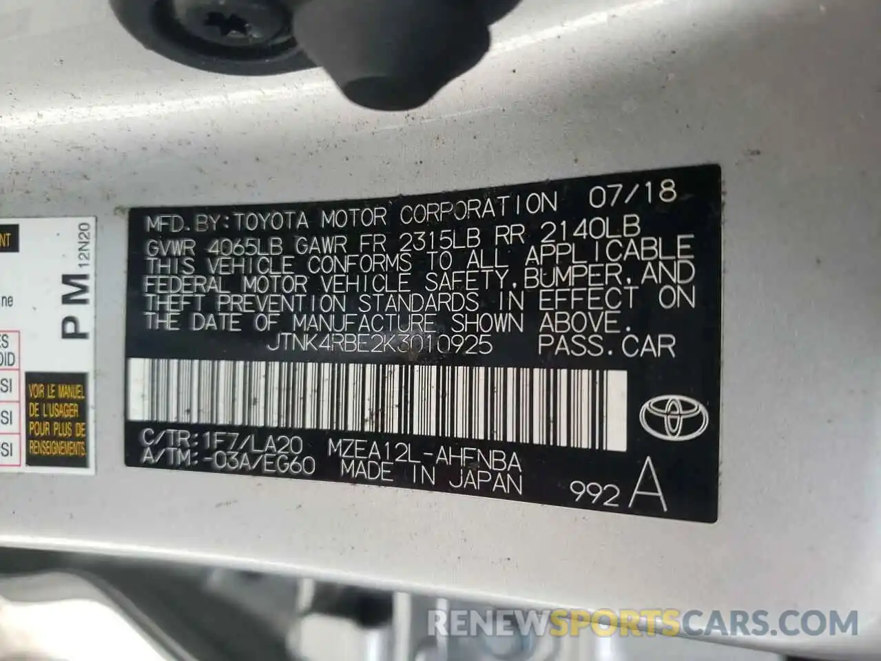 10 Photograph of a damaged car JTNK4RBE2K3010925 TOYOTA COROLLA 2019