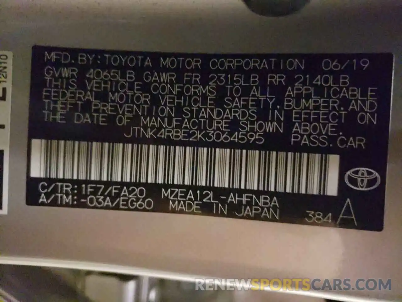 10 Photograph of a damaged car JTNK4RBE2K3064595 TOYOTA COROLLA 2019