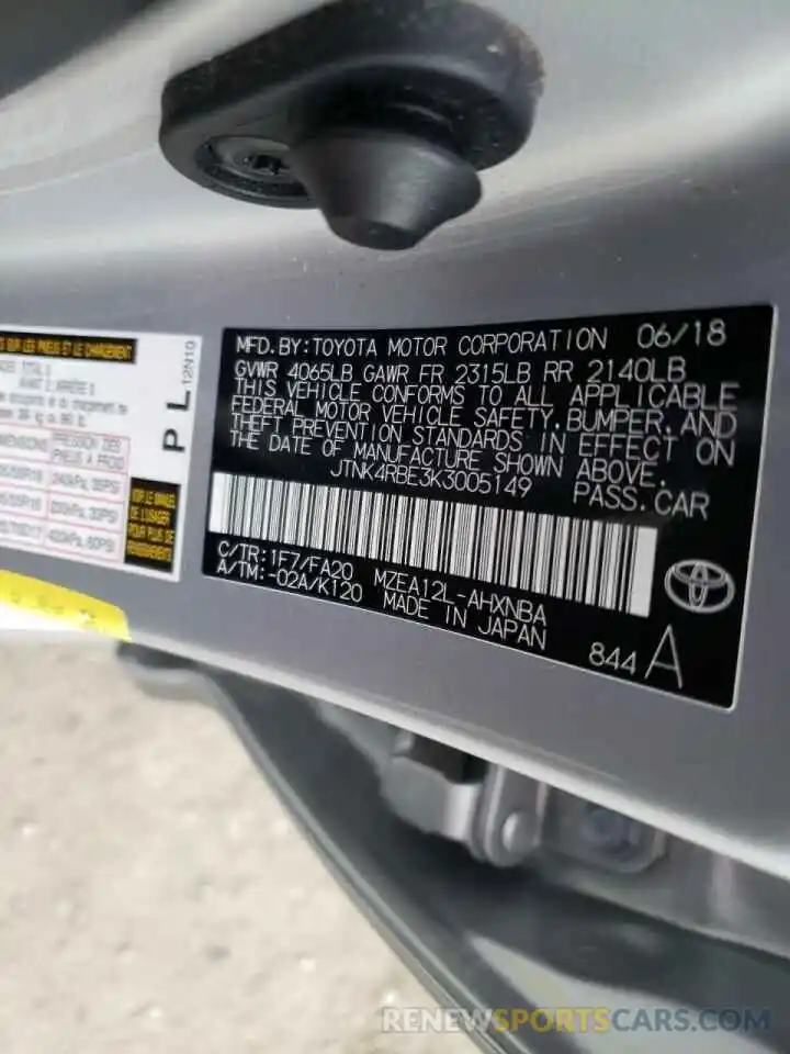 10 Photograph of a damaged car JTNK4RBE3K3005149 TOYOTA COROLLA 2019