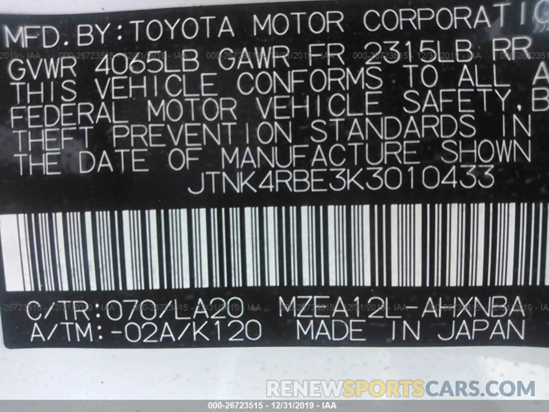 9 Photograph of a damaged car JTNK4RBE3K3010433 TOYOTA COROLLA 2019