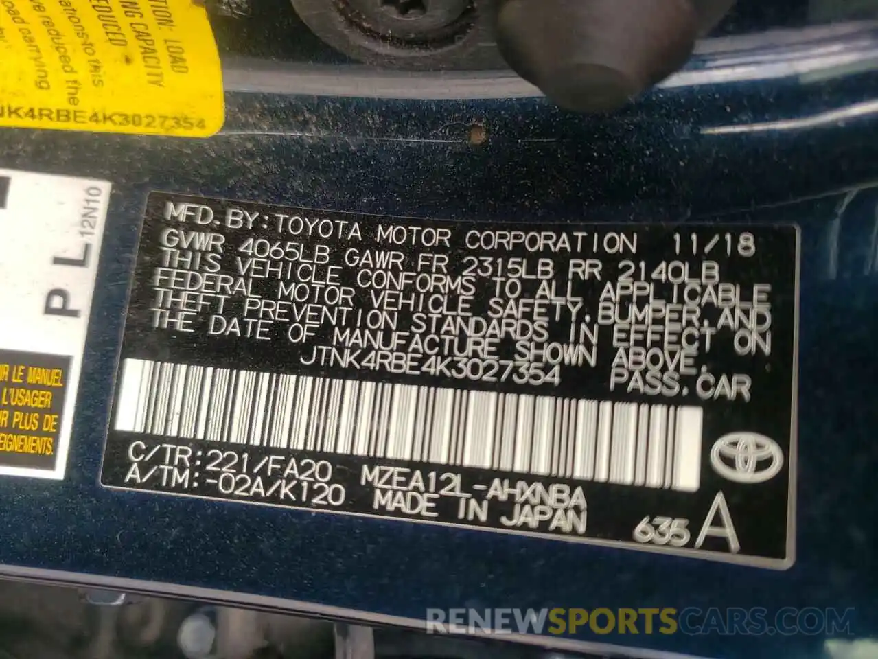 10 Photograph of a damaged car JTNK4RBE4K3027354 TOYOTA COROLLA 2019