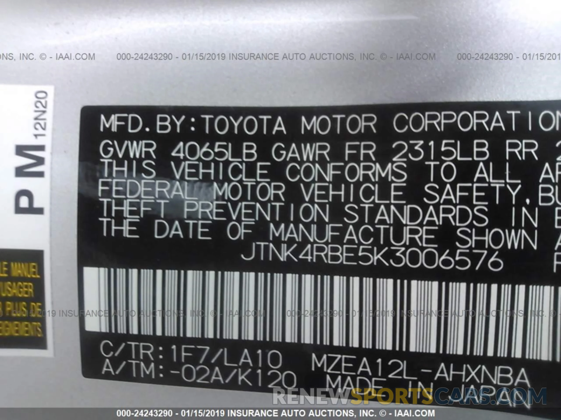 9 Photograph of a damaged car JTNK4RBE5K3006576 TOYOTA COROLLA 2019