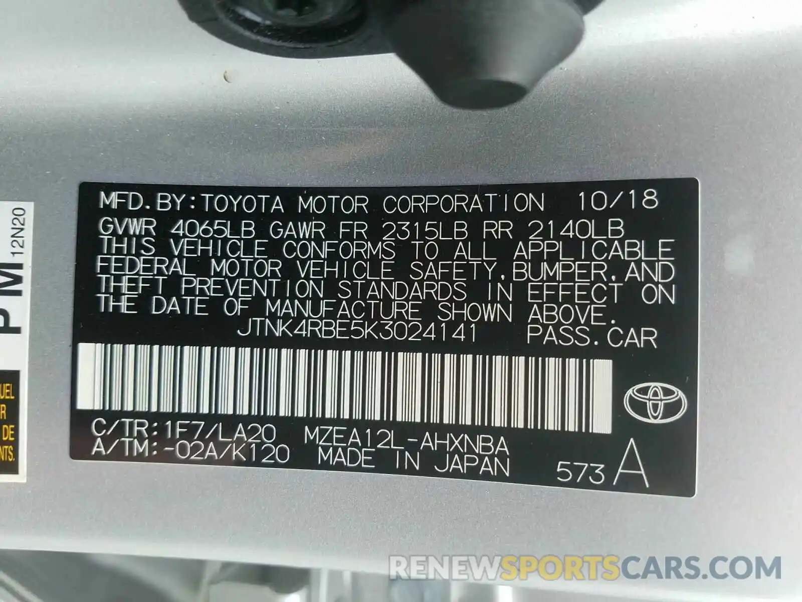 10 Photograph of a damaged car JTNK4RBE5K3024141 TOYOTA COROLLA 2019