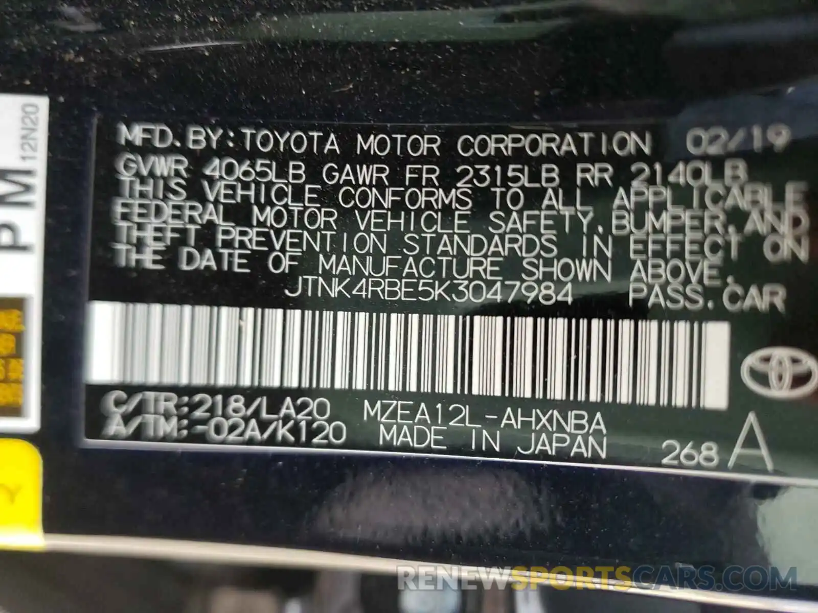 10 Photograph of a damaged car JTNK4RBE5K3047984 TOYOTA COROLLA 2019