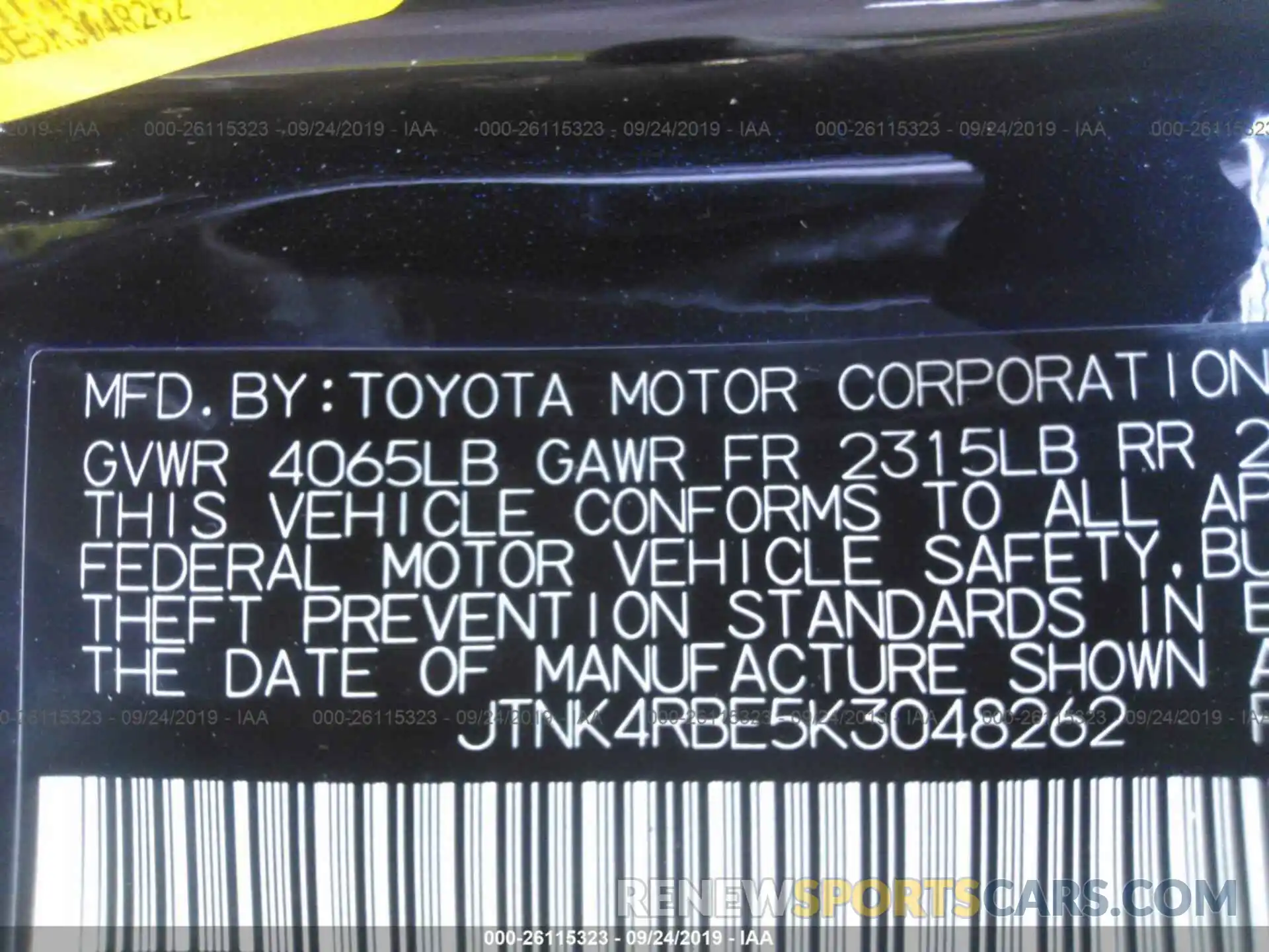 9 Photograph of a damaged car JTNK4RBE5K3048262 TOYOTA COROLLA 2019