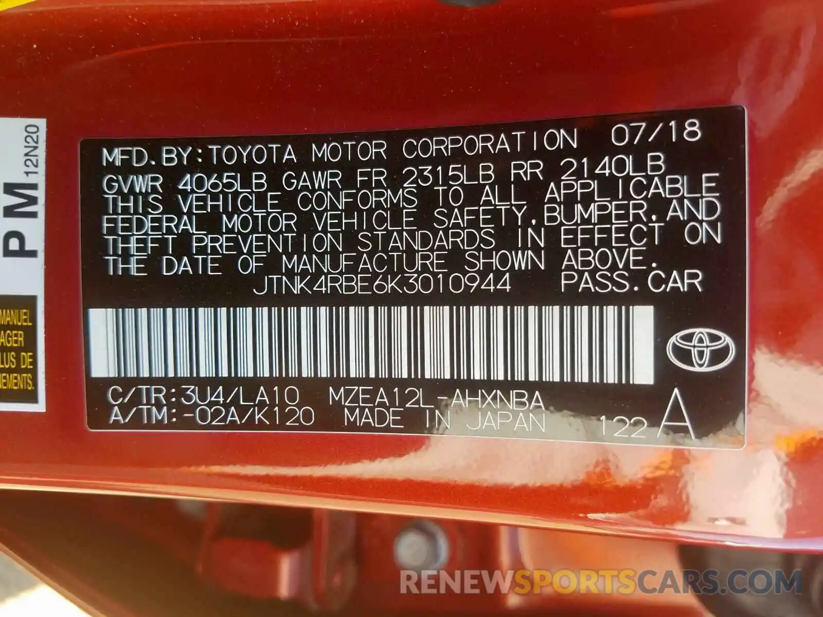 10 Photograph of a damaged car JTNK4RBE6K3010944 TOYOTA COROLLA 2019