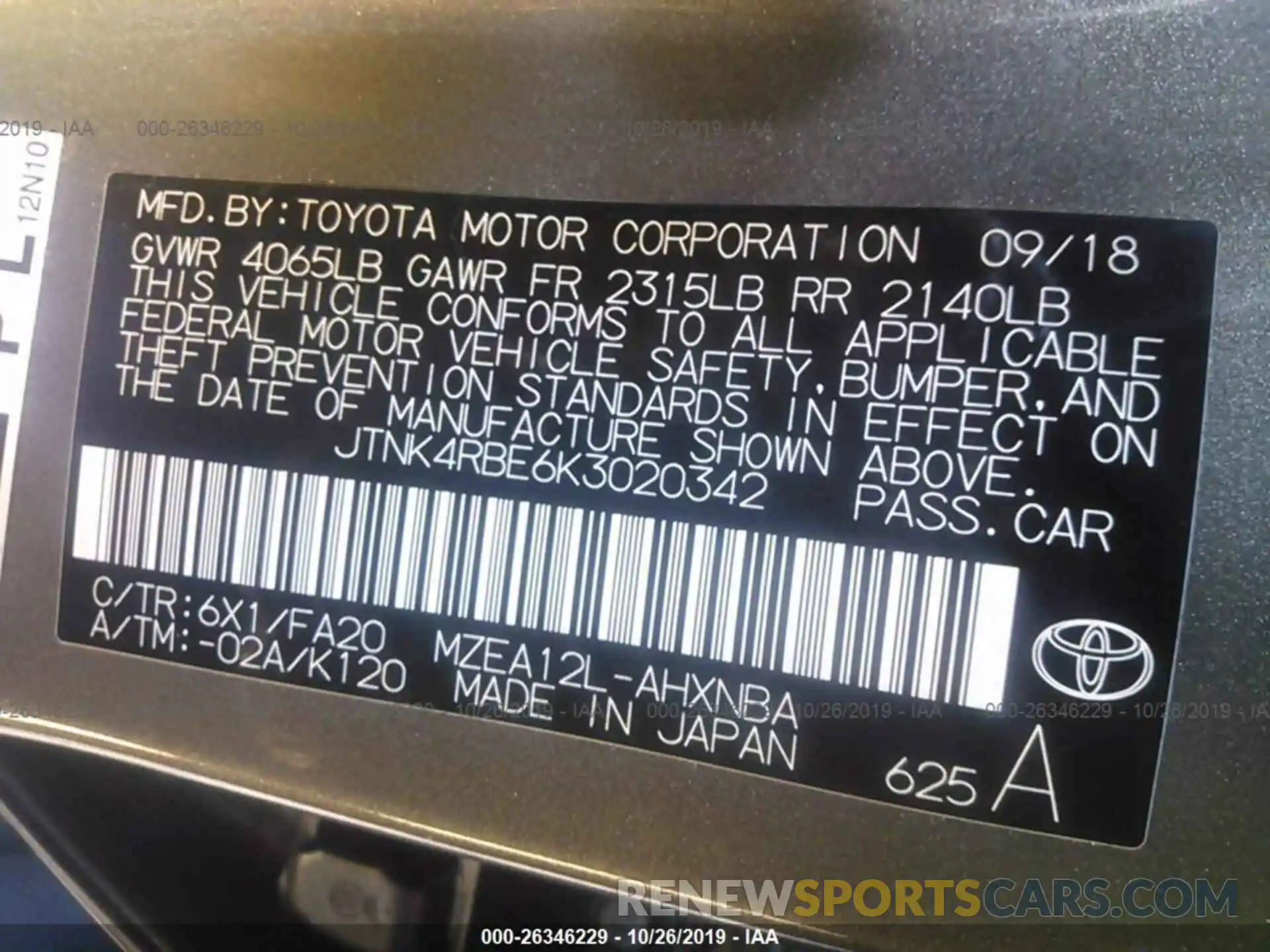 9 Photograph of a damaged car JTNK4RBE6K3020342 TOYOTA COROLLA 2019