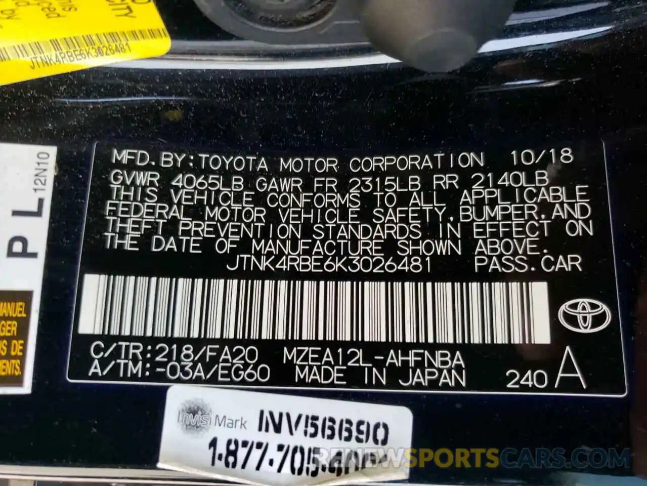 10 Photograph of a damaged car JTNK4RBE6K3026481 TOYOTA COROLLA 2019