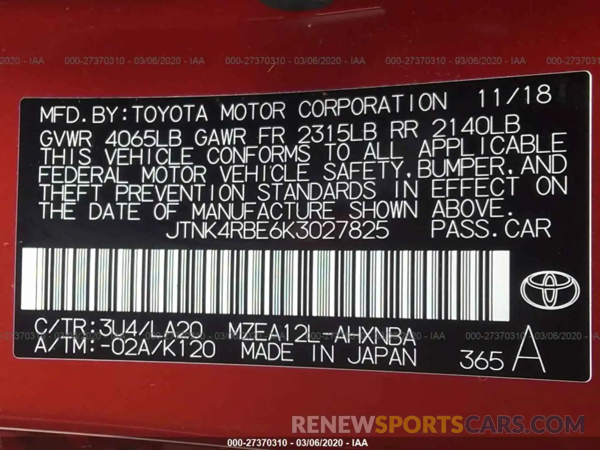 9 Photograph of a damaged car JTNK4RBE6K3027825 TOYOTA COROLLA 2019