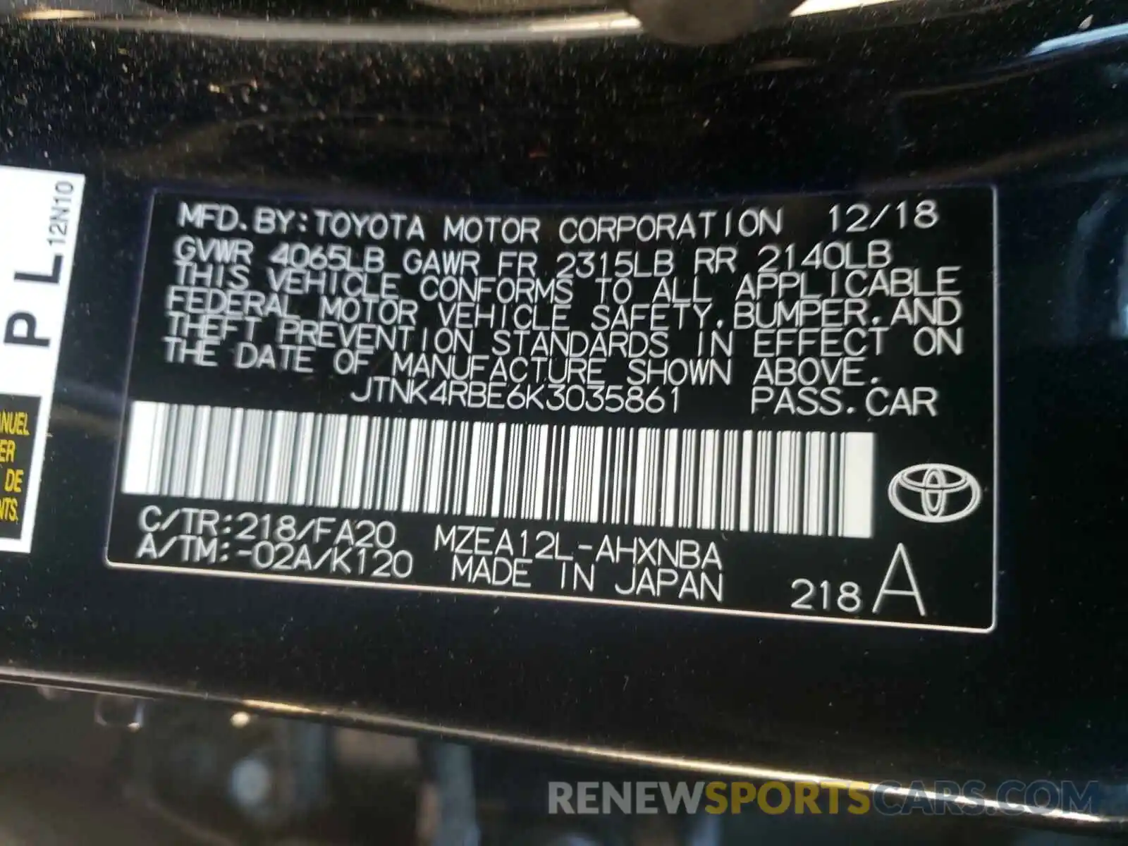 10 Photograph of a damaged car JTNK4RBE6K3035861 TOYOTA COROLLA 2019