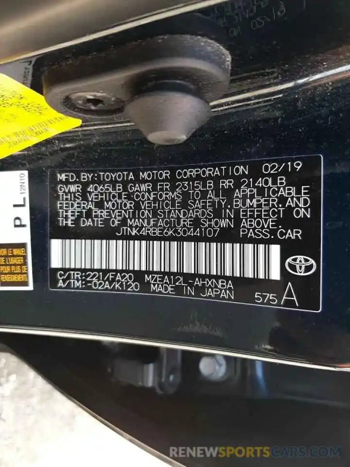 10 Photograph of a damaged car JTNK4RBE6K3044107 TOYOTA COROLLA 2019