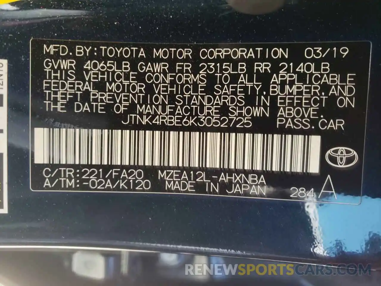 10 Photograph of a damaged car JTNK4RBE6K3052725 TOYOTA COROLLA 2019