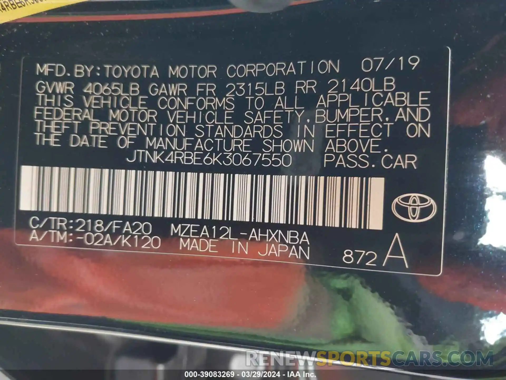 9 Photograph of a damaged car JTNK4RBE6K3067550 TOYOTA COROLLA 2019