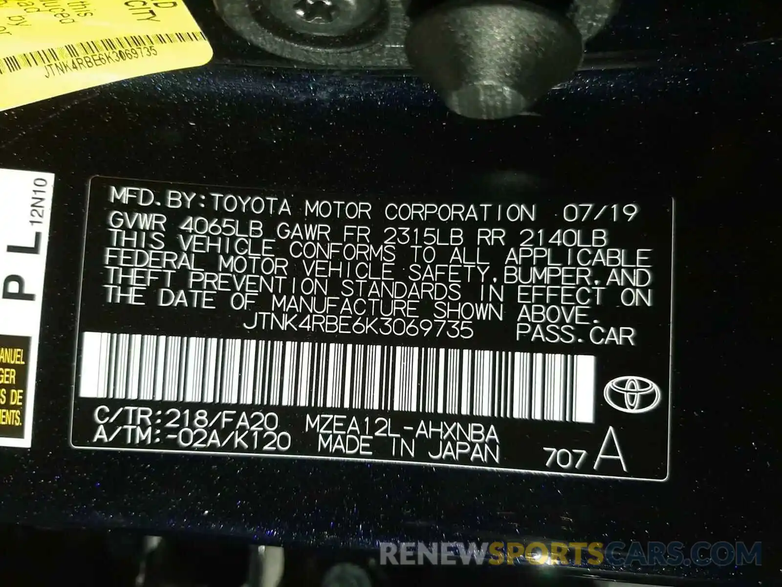 10 Photograph of a damaged car JTNK4RBE6K3069735 TOYOTA COROLLA 2019