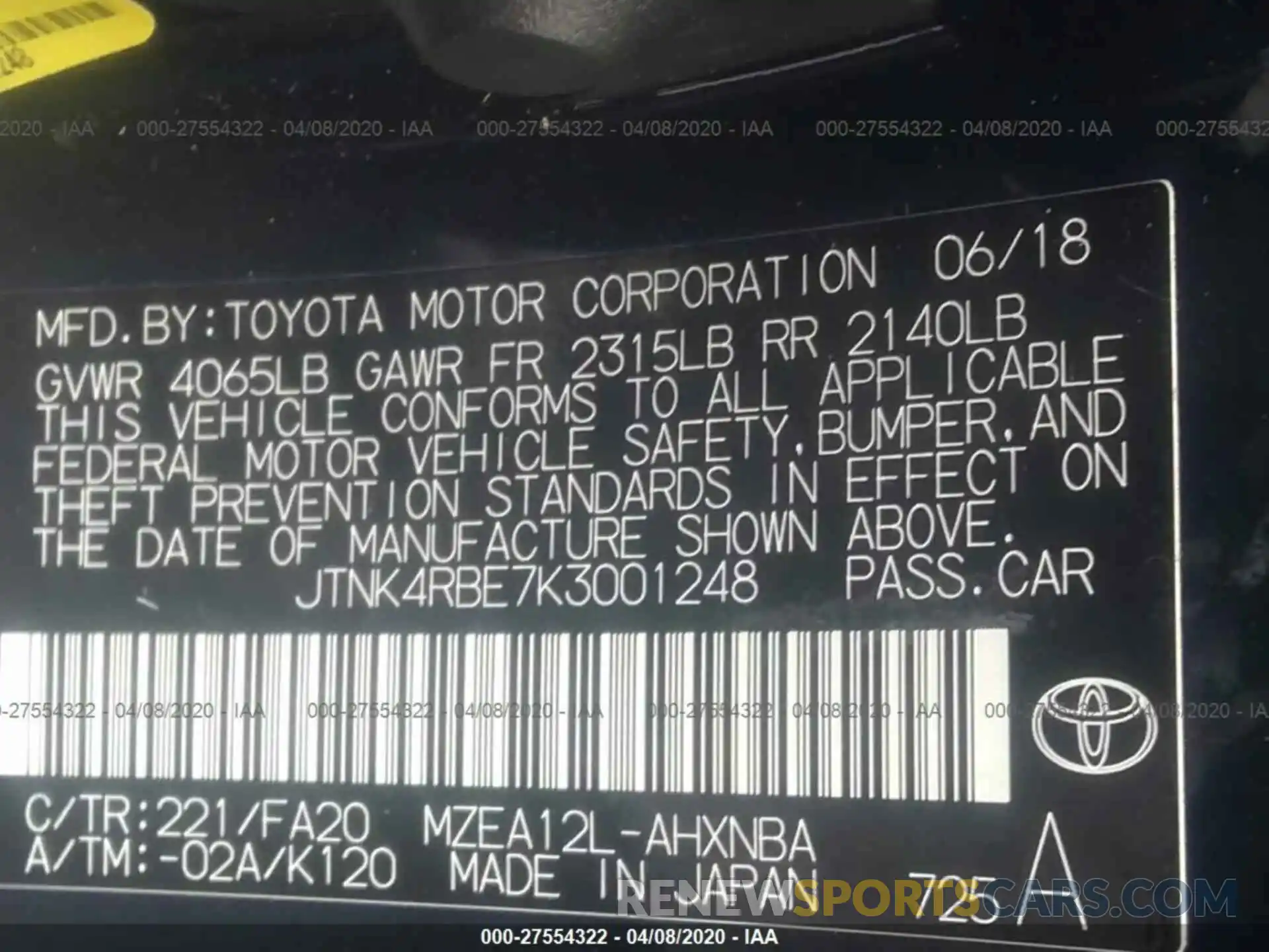 8 Photograph of a damaged car JTNK4RBE7K3001248 TOYOTA COROLLA 2019