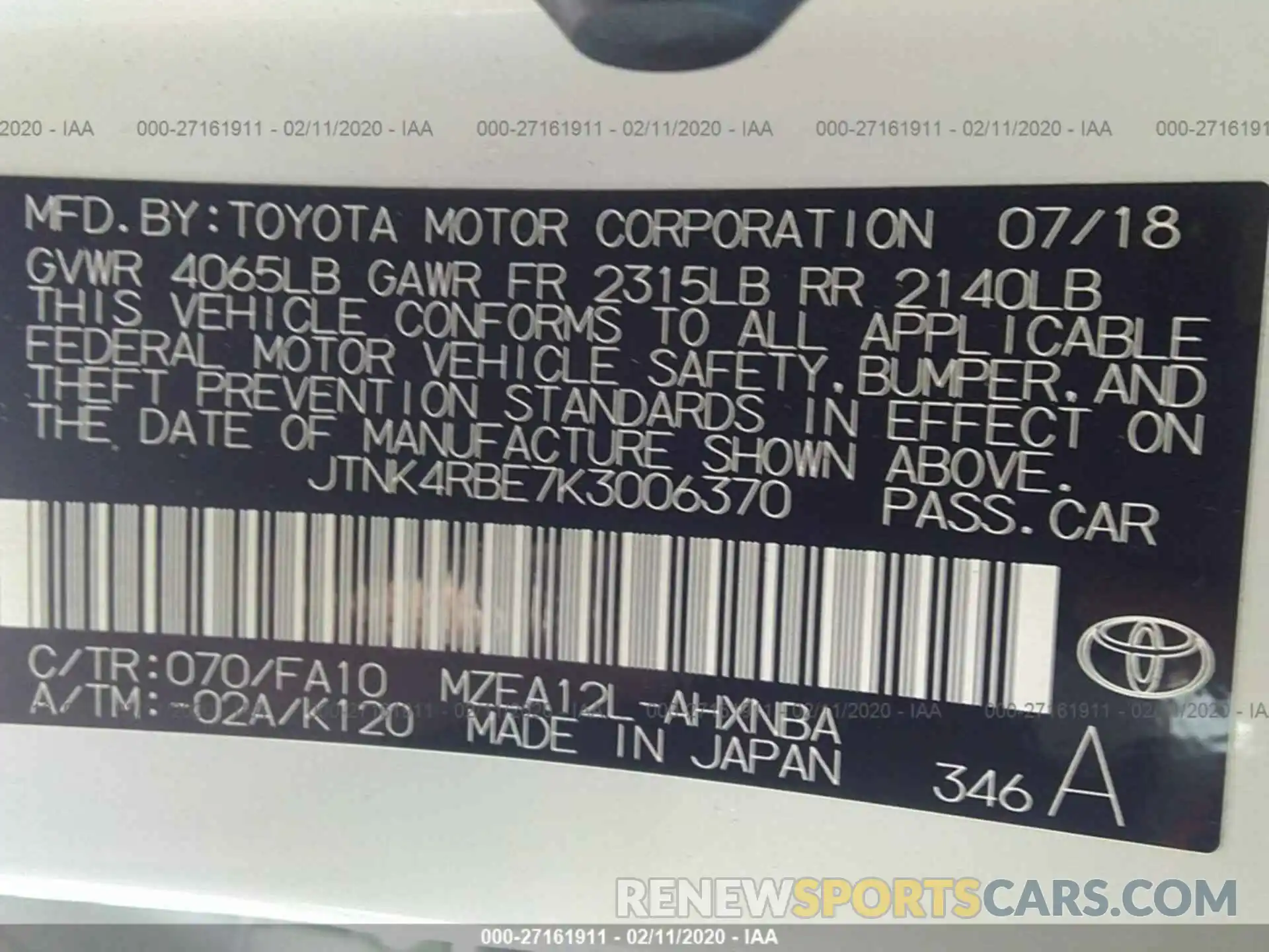 9 Photograph of a damaged car JTNK4RBE7K3006370 TOYOTA COROLLA 2019