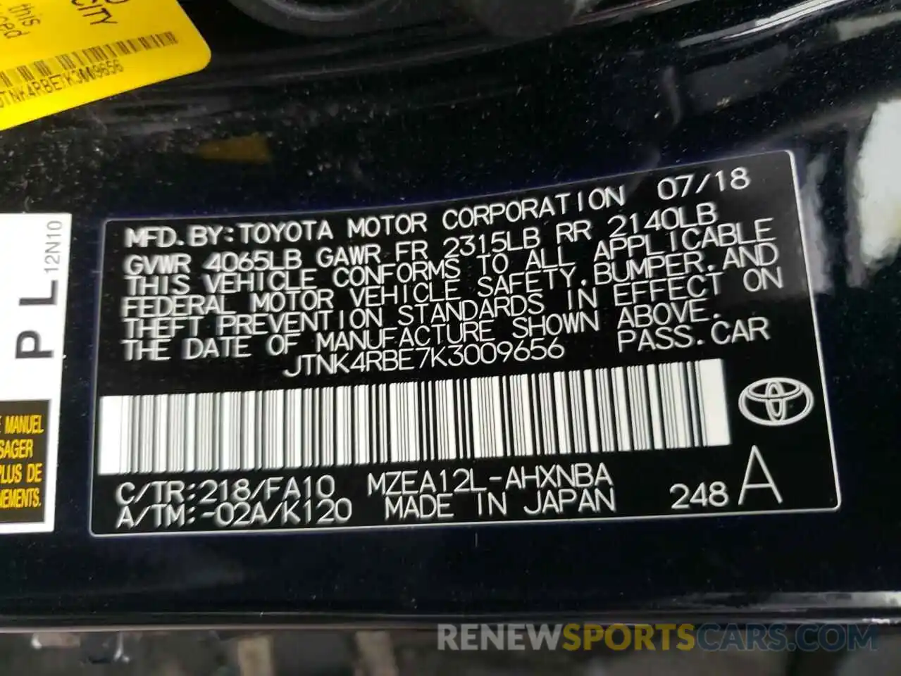 10 Photograph of a damaged car JTNK4RBE7K3009656 TOYOTA COROLLA 2019