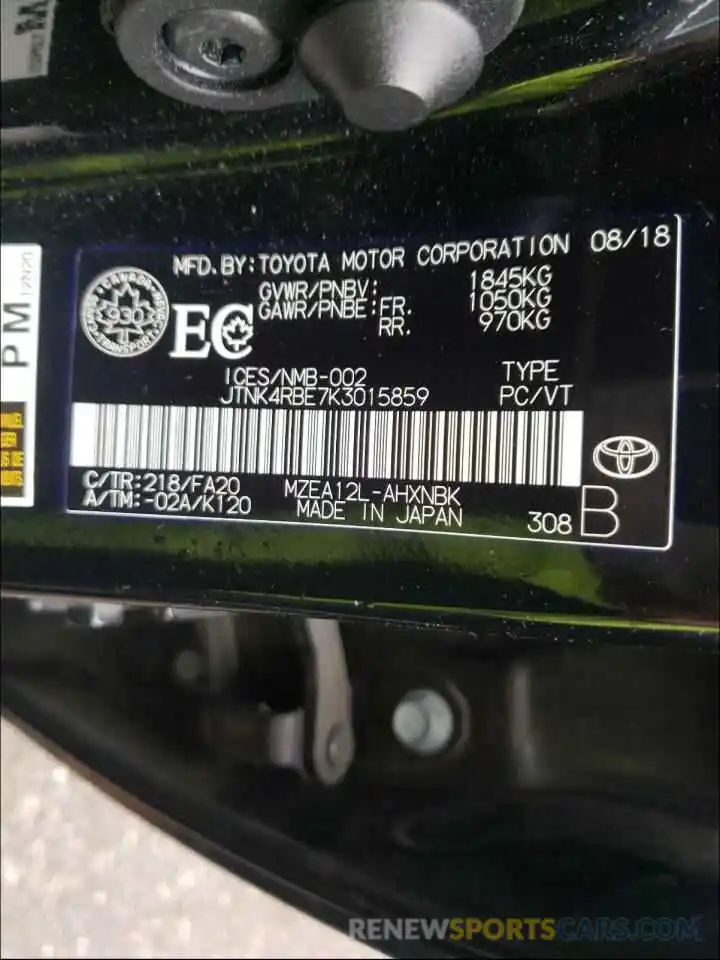 10 Photograph of a damaged car JTNK4RBE7K3015859 TOYOTA COROLLA 2019