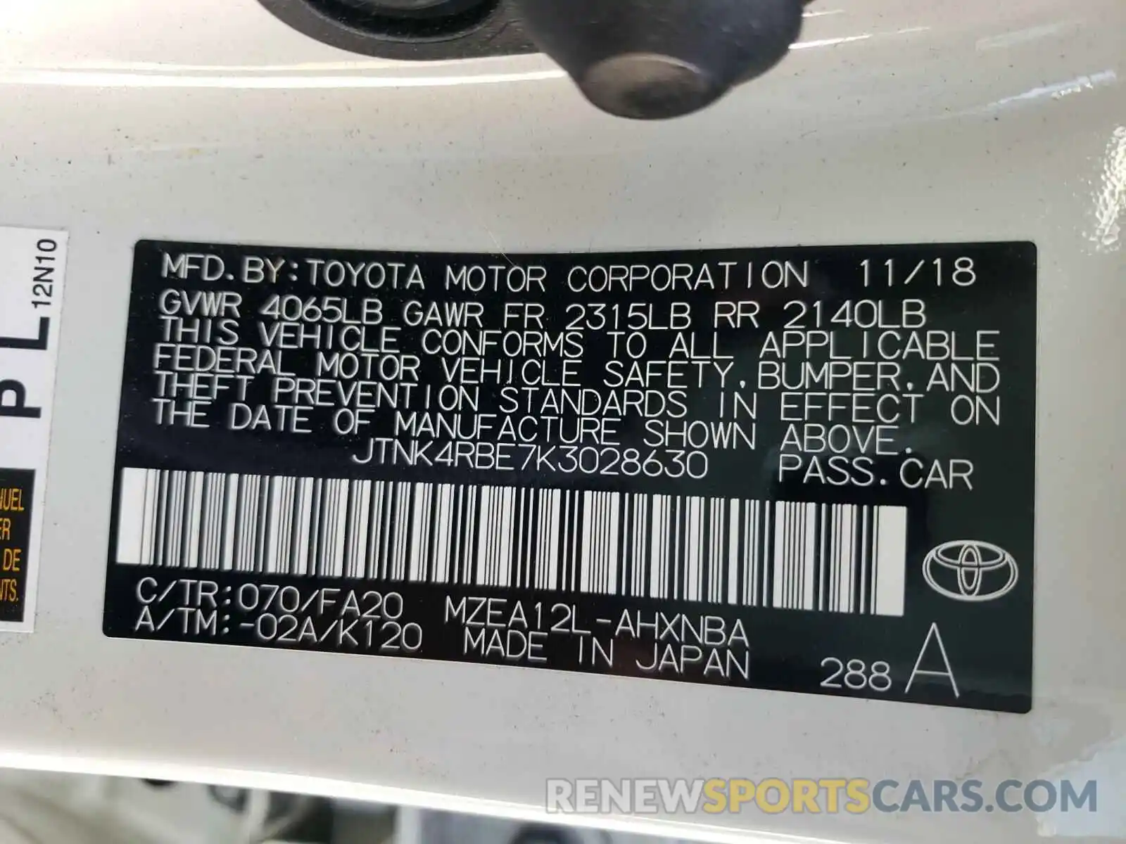 10 Photograph of a damaged car JTNK4RBE7K3028630 TOYOTA COROLLA 2019