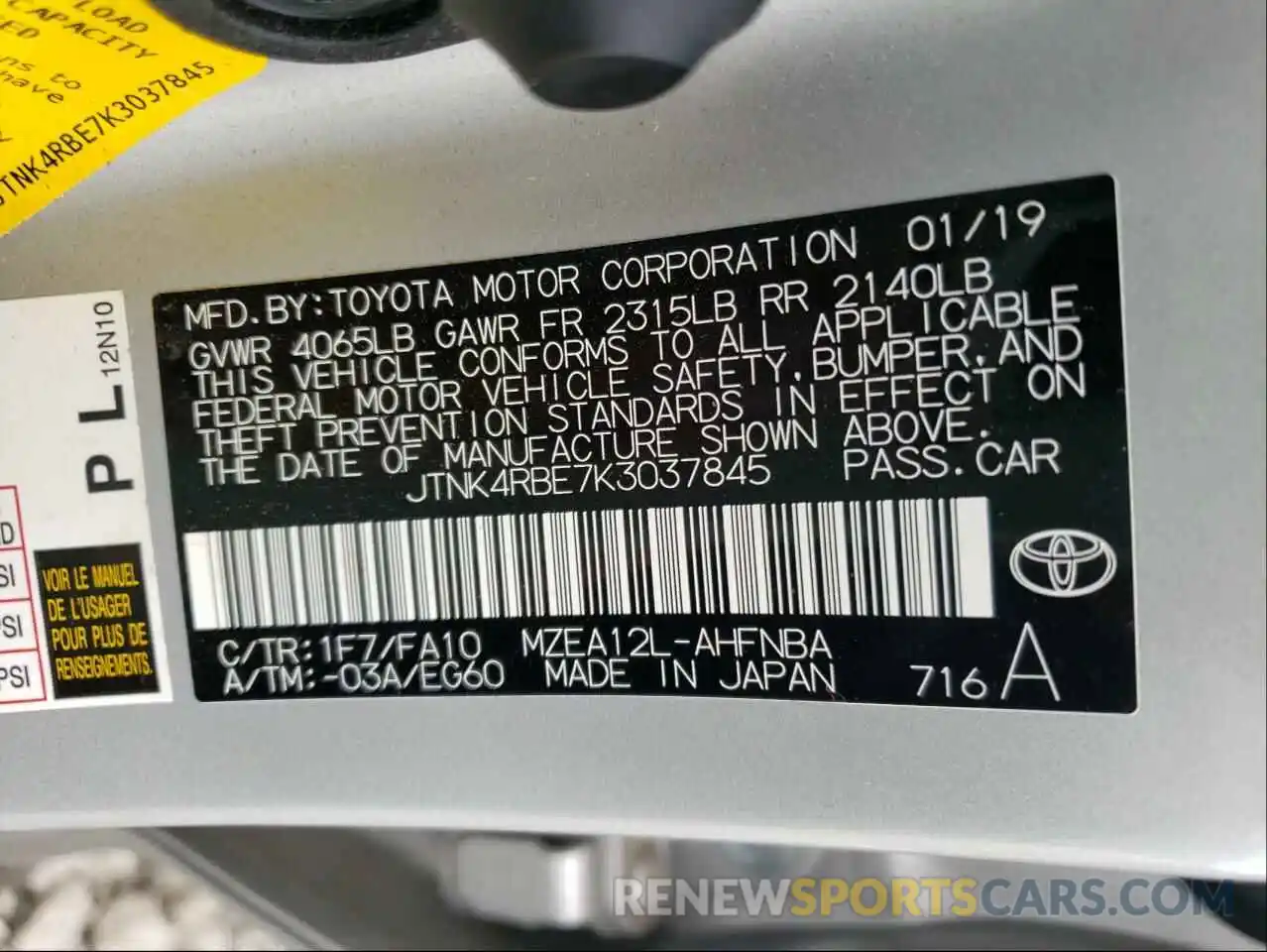 10 Photograph of a damaged car JTNK4RBE7K3037845 TOYOTA COROLLA 2019