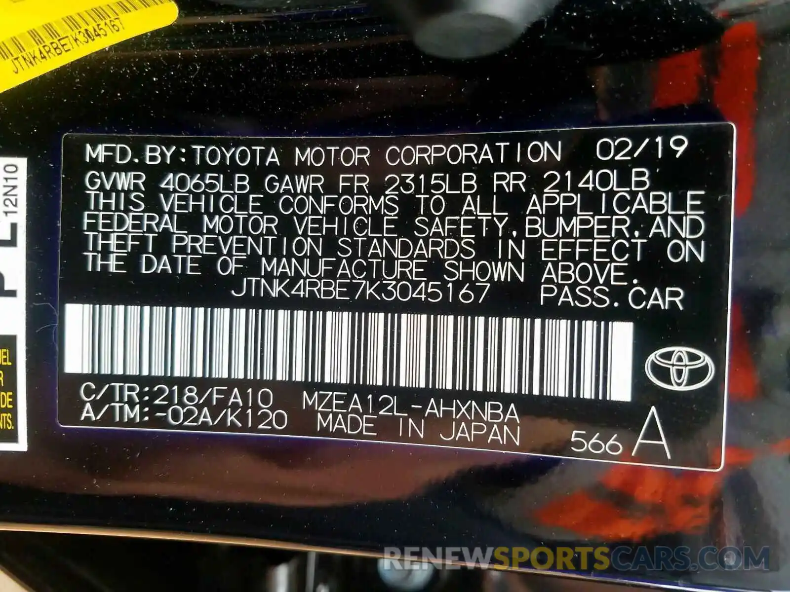 10 Photograph of a damaged car JTNK4RBE7K3045167 TOYOTA COROLLA 2019