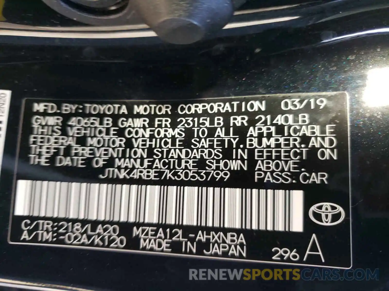 10 Photograph of a damaged car JTNK4RBE7K3053799 TOYOTA COROLLA 2019