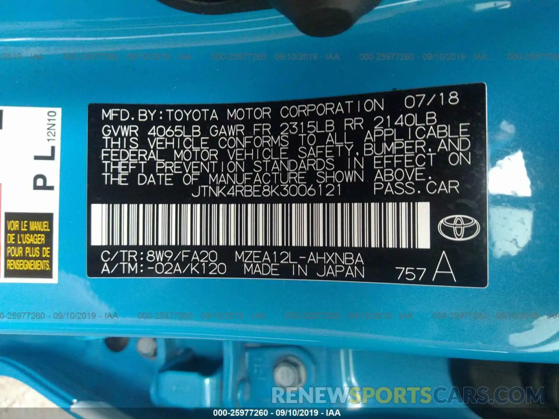 9 Photograph of a damaged car JTNK4RBE8K3006121 TOYOTA COROLLA 2019