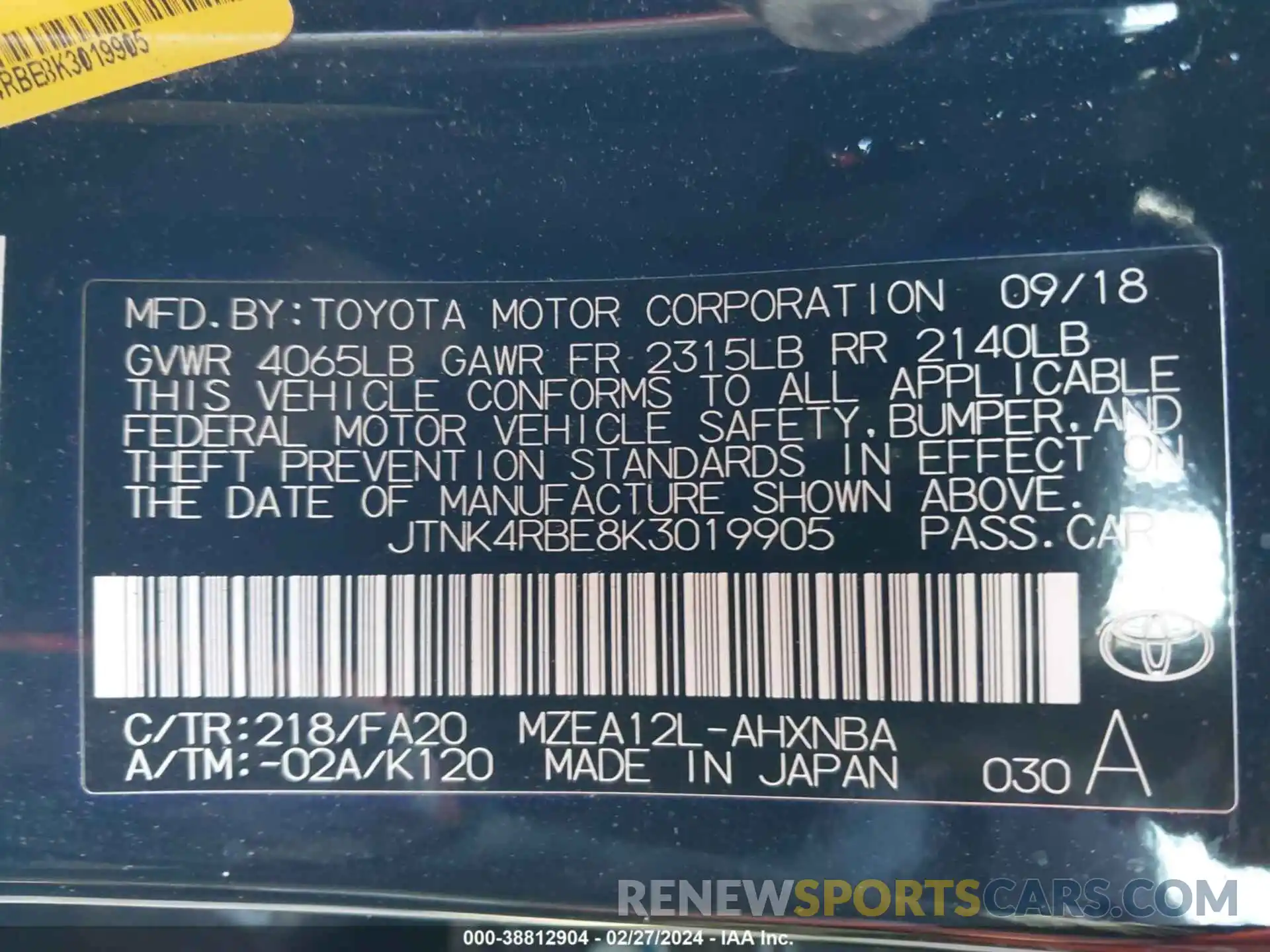 9 Фотография поврежденного автомобиля JTNK4RBE8K3019905 TOYOTA COROLLA 2019