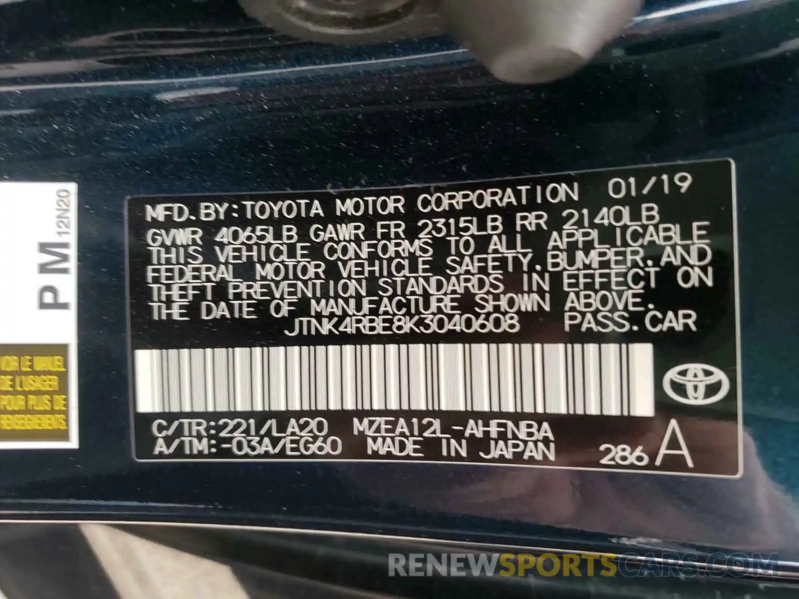 10 Photograph of a damaged car JTNK4RBE8K3040608 TOYOTA COROLLA 2019