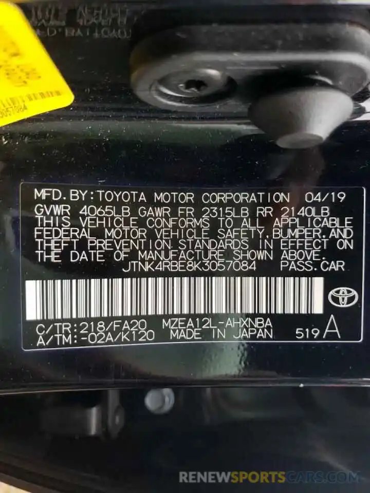 10 Photograph of a damaged car JTNK4RBE8K3057084 TOYOTA COROLLA 2019