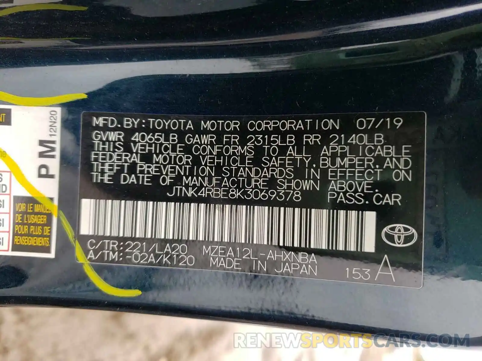 10 Photograph of a damaged car JTNK4RBE8K3069378 TOYOTA COROLLA 2019