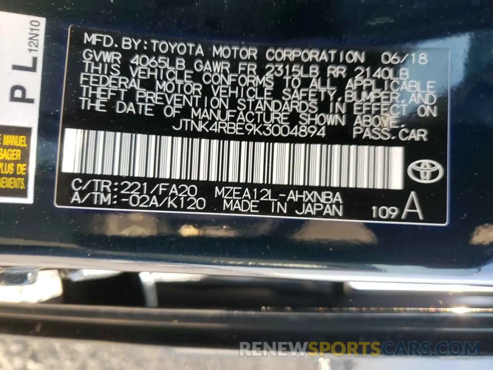 10 Photograph of a damaged car JTNK4RBE9K3004894 TOYOTA COROLLA 2019