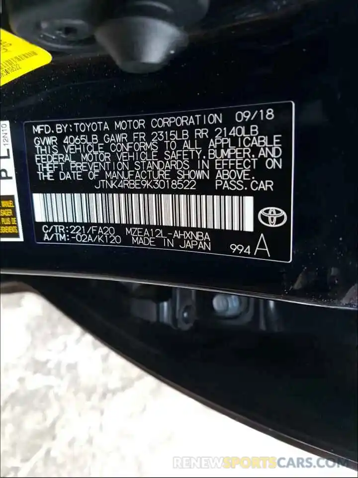 10 Photograph of a damaged car JTNK4RBE9K3018522 TOYOTA COROLLA 2019