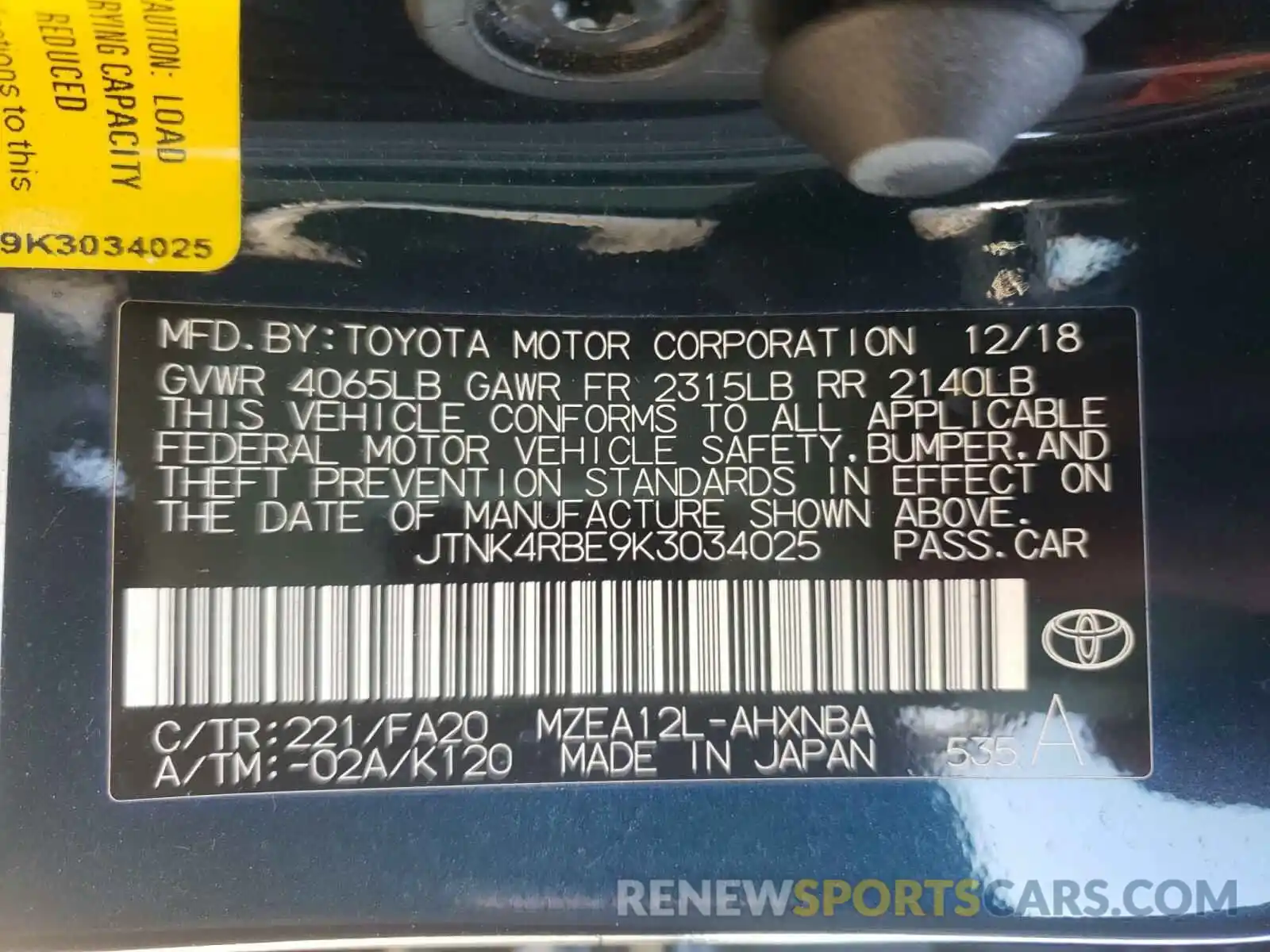 10 Photograph of a damaged car JTNK4RBE9K3034025 TOYOTA COROLLA 2019