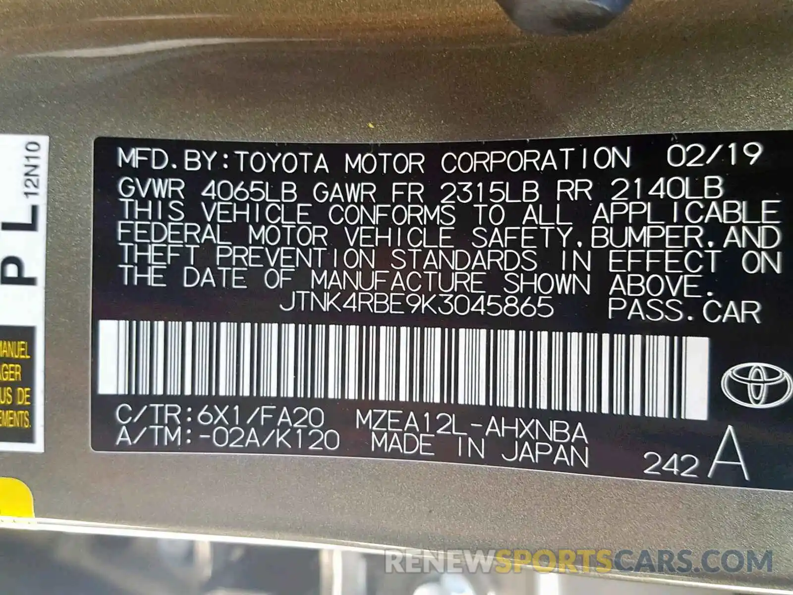 10 Photograph of a damaged car JTNK4RBE9K3045865 TOYOTA COROLLA 2019